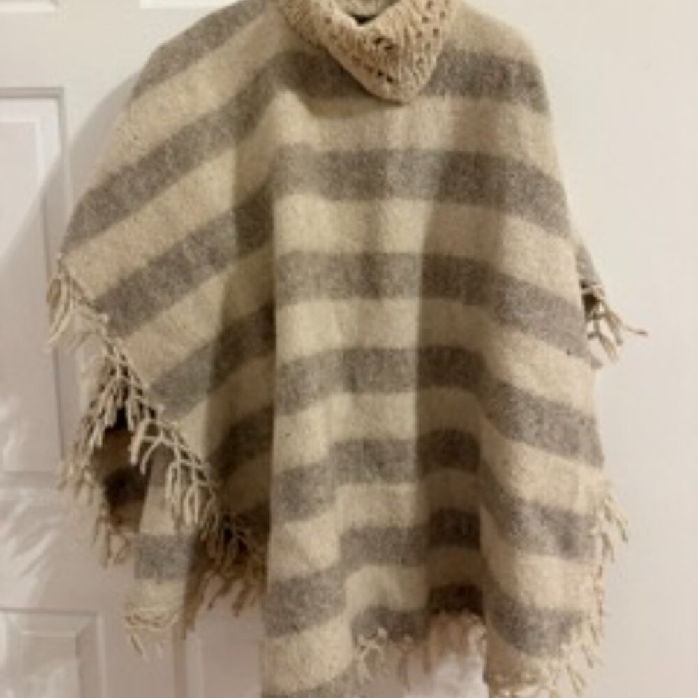 Wool Striped Cream Grey Womens Poncho One Size